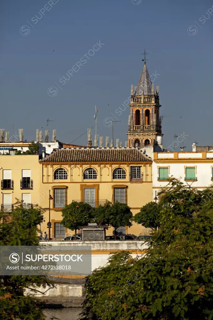Spain, Andalusia, Seville; The 'Triana' region with the Santa Ana Church Tower