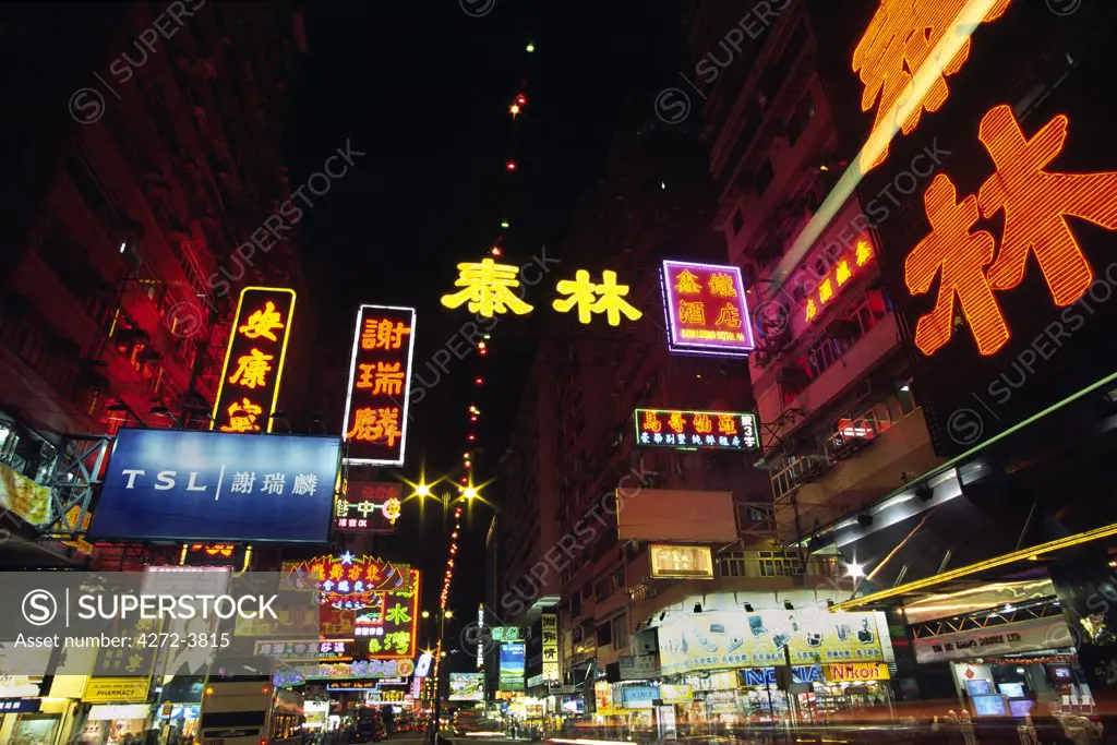 The neon lightshow of Kowloon's main thoroughfare, Nathan Road, in Hong Kong.