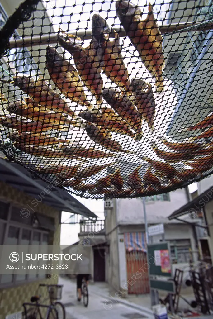 Fish are laid out to dry above the streets of Tai O - a fishing village on the west coast of Lantau Island, Hong Kong.