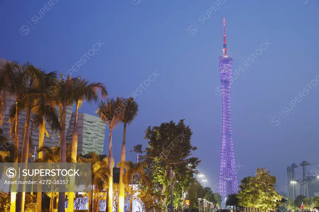 Canton Tower at dusk, Haizhu District, Guangzhou, Guangdong Province, China