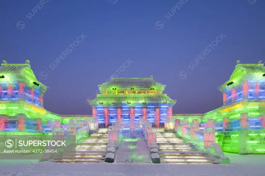 China, Heilongjiang Province, Harbin. Ice sculptures at the Harbin Ice and Snow Festival.