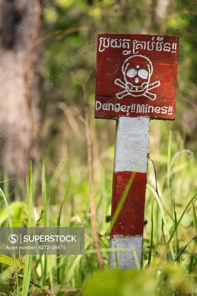 Cambodia, Preah Vihear Province, Koh Ker. Landmine Warning Sign.
