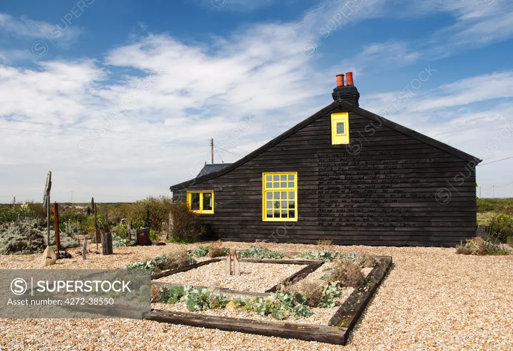 Prospect Cottage, Derek Jarman's house, with a John Donne poem 'The Sunne Rising' written the wall, Dungeness, Kent, UK