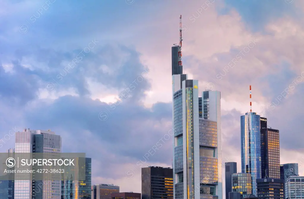 Germany, Hessen, Frankfurt Am Main, Financial skyline at dusk