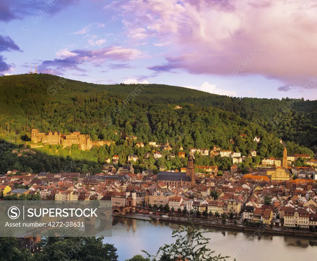 Germany, Bavaria, Heidelberg; Overview of Alte Brucke and the River Neckar