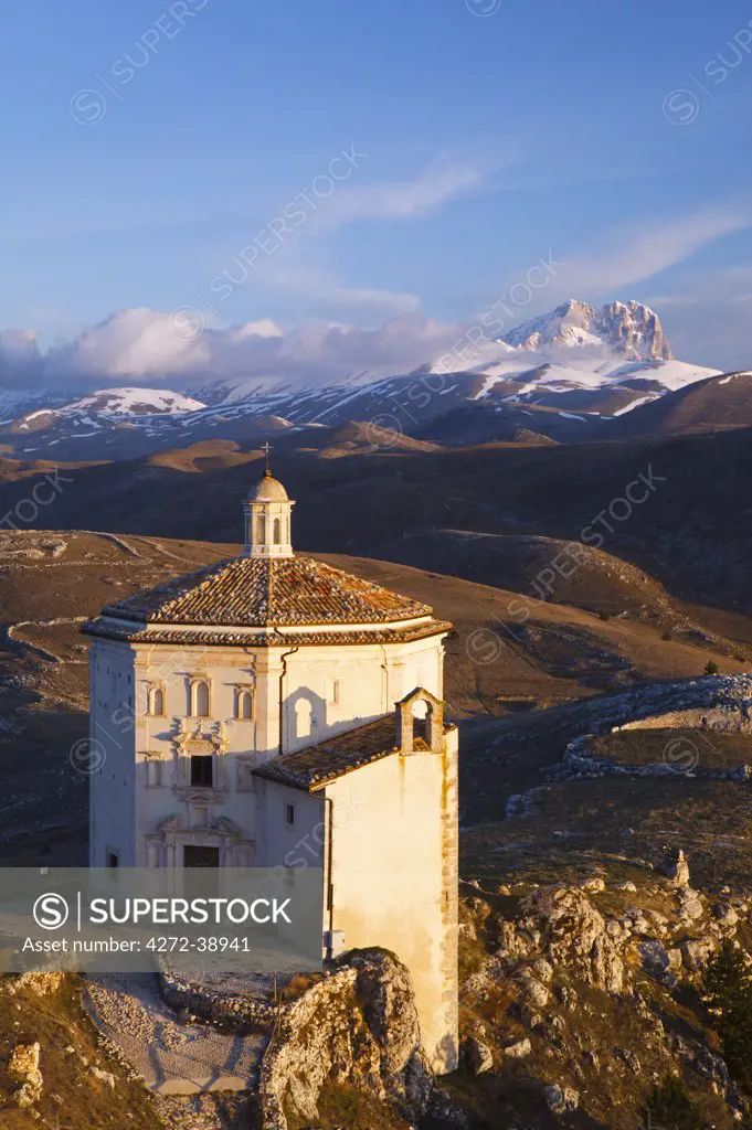 Italy, Abruzzo, Rocca Calascio. The Church of Santa Maria della Pieta at sunrise.
