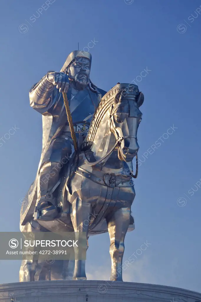 Mongolia, Tov Province, Tsonjin Boldog. A 40m tall statue of Genghis Khan on horseback stands on top of The Genghis Khan Statue Complex and Museum.