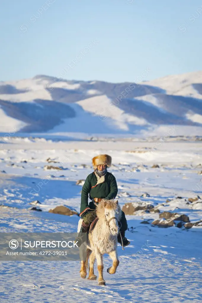 Mongolia, Ovorkhangai, Orkkhon Valley. A man approaches on horseback at sunrise.