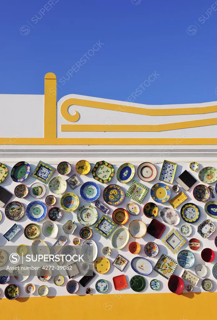 Handicrafts of Portugal exposed on a wall. Algarve, Portugal