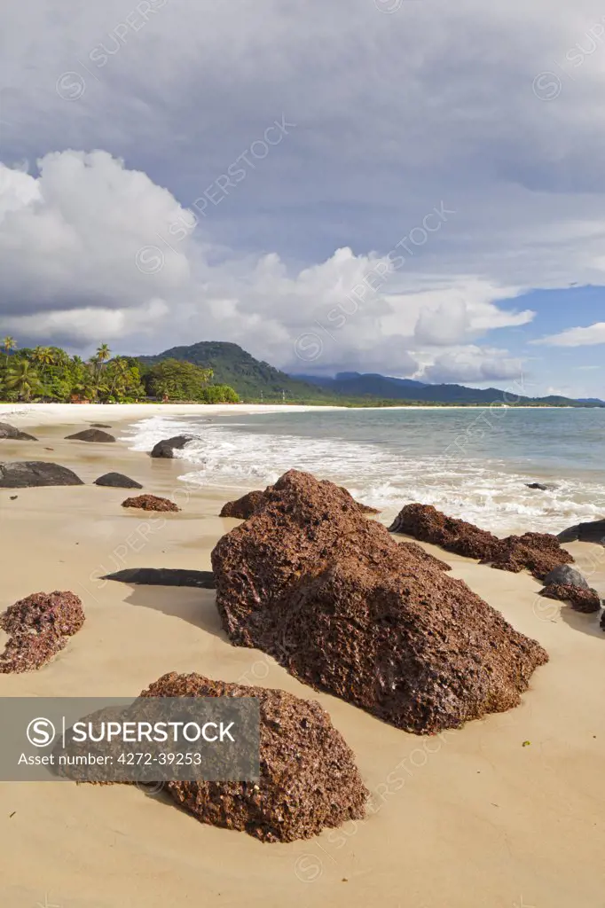 Africa, Sierra Leone, Freetown Peninsula, River Number 2 Beach. The best known beach in Sierra Leone, made famous as the setting of the original Bounty TV adverts.
