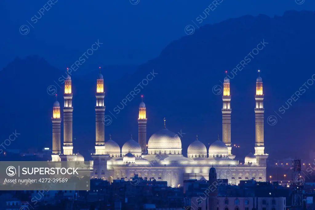 Yemen, Sana'a. Al-Saleh Mosque at dusk.