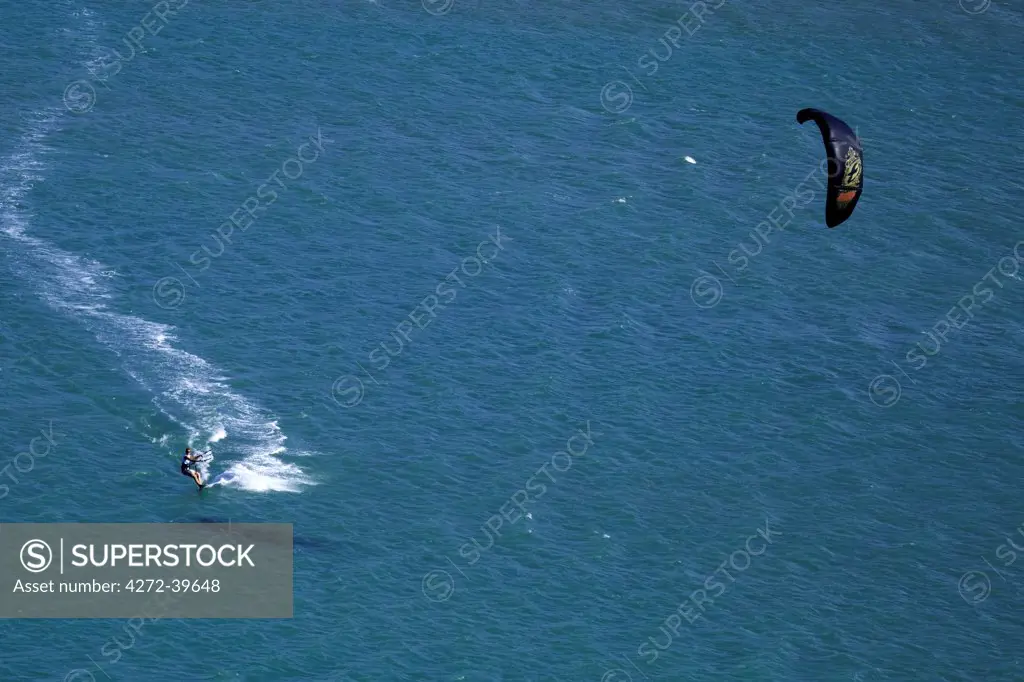 South America, Brazil, Ceara, Aerial picture of a kite surfer on the Atlantic coast of Ceara near Jericoacoara