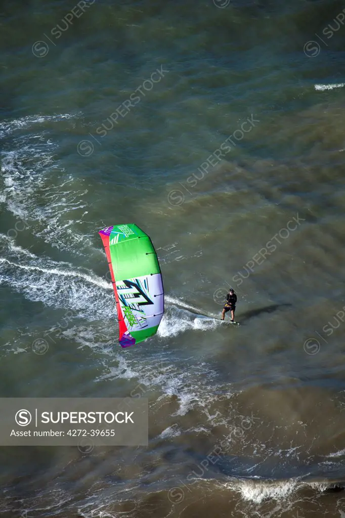 South America, Brazil, Ceara, Aerial view of a kite surfer on the Atlantic coast of Ceara near Jericoacoara