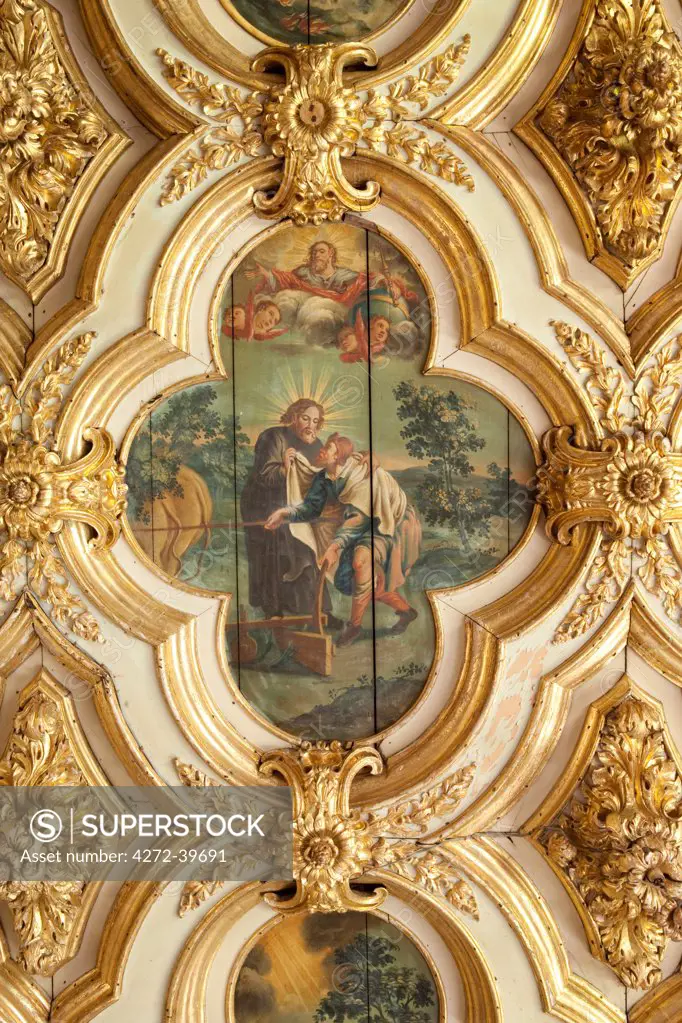 Brazil, Bahia, Salvador, a ceiling painting of St. Francis in the chapel of the Convento do Carmo hotel in Salvador
