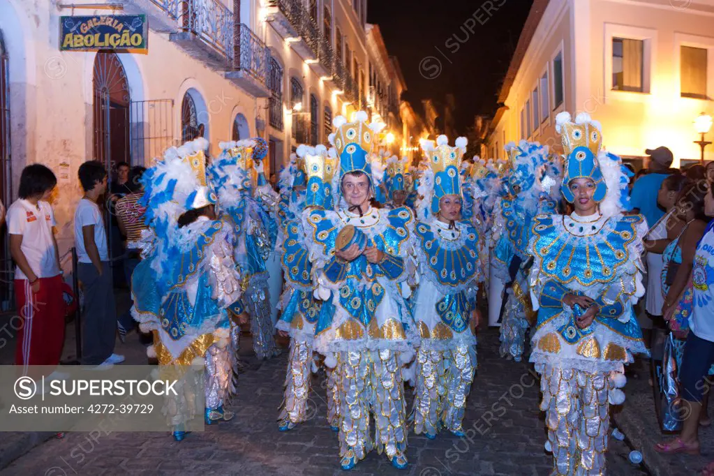 South America, Brazil, Maranhao, Sao Luis, dancers on Rua do Giz during the December festas natalinas