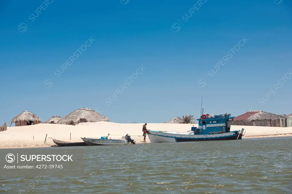 South America, Brazil, Maranhao, boats on the Rio Preguica river at Cabure village in the Lencois Maranhenses national park