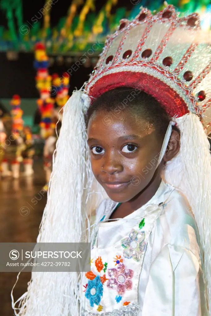 South America, Brazil, Maranhao, Sao Luis, a young black girl in traditional costume at the Bumba Meu Boi festival in the Praca Aragao