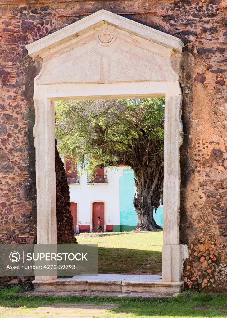 South America, Brazil, Maranhao, Alcantara, view through a ruined door of the Nossa Senhora do Carmo church of the Praca da Matriz