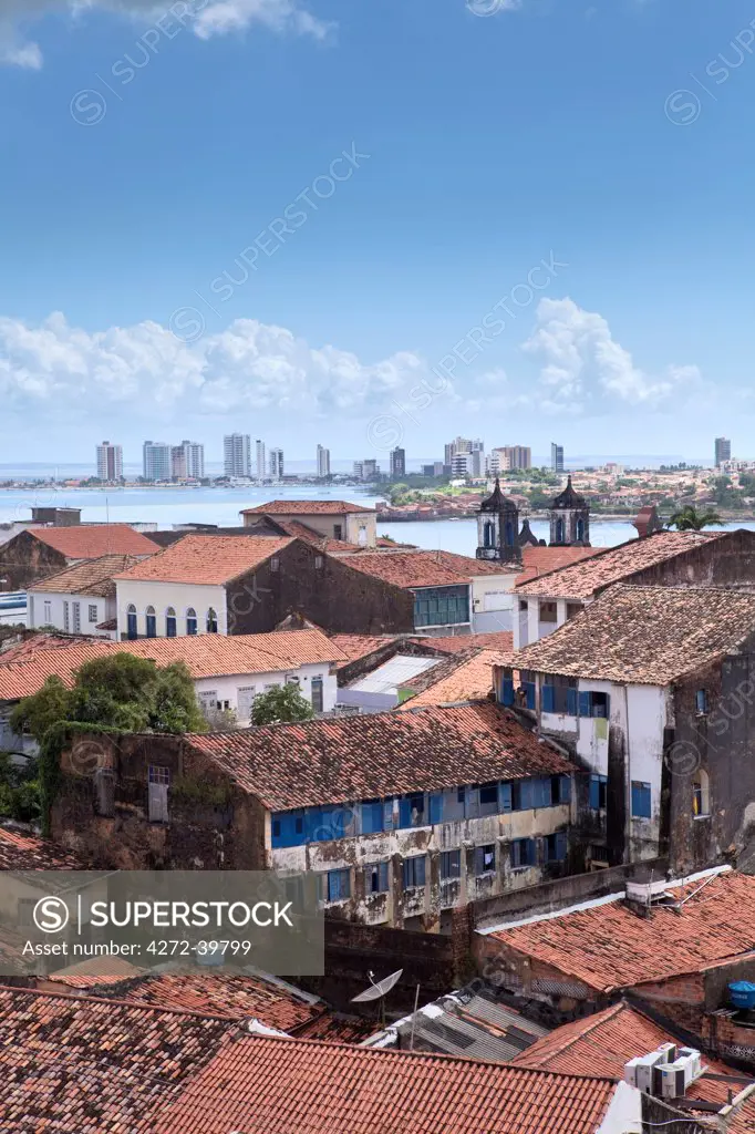 South America, Brazil, Maranhao, Sao Luis, view of the old Portuguese colonial centre looking across the Baia de Sao Marcos towards Sao Marcos beach