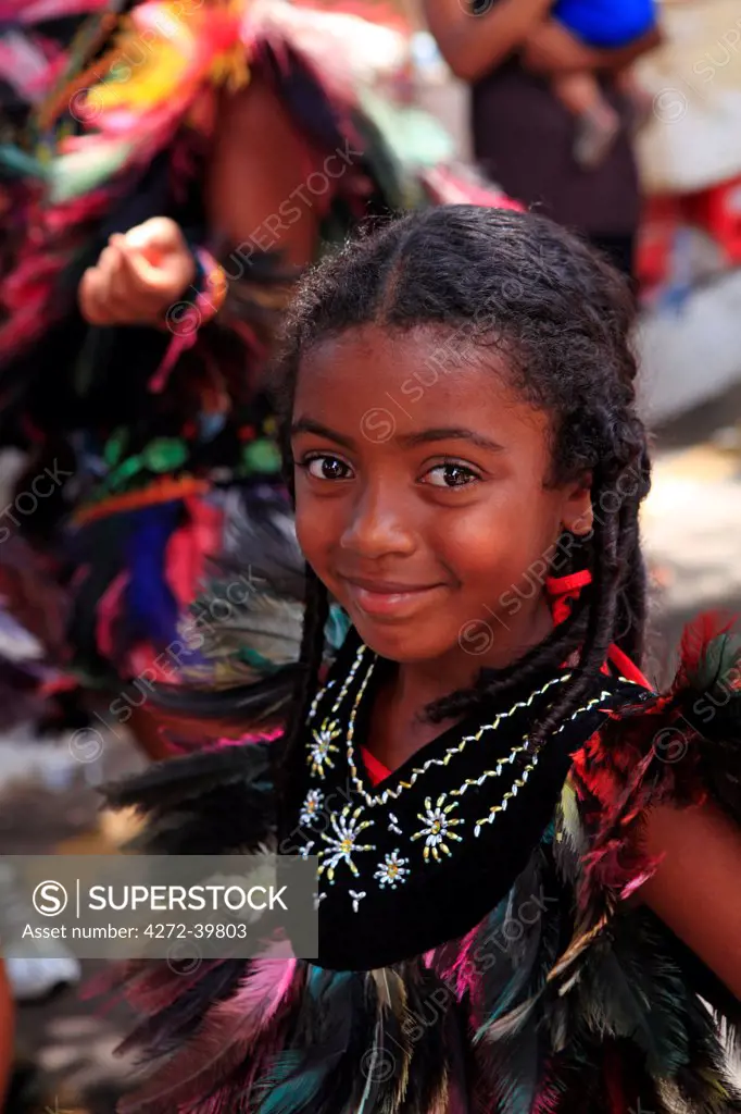 South America, Brazil, Maranhao, Sao Jose de Ribamar, little girl in traditional costume at the Bumba Meu Boi celebrations in the streets of the town