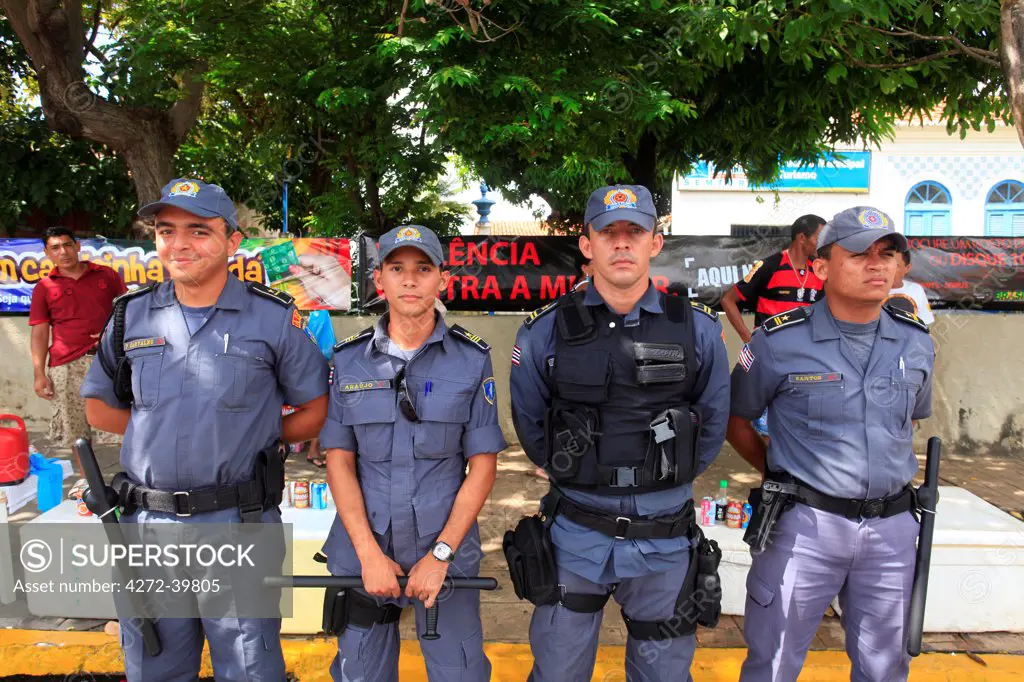 South America, Brazil, Maranhao, Sao Luis, Sao Jose de Ribamar, policemen at the Bumba Meu Boi celebrations in the streets of the town