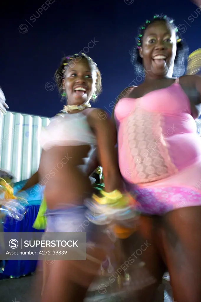 South America, Rio de Janeiro, Rio de Janeiro city, costumed dancers at carnival in the Sambadrome Marquis de Sapucai