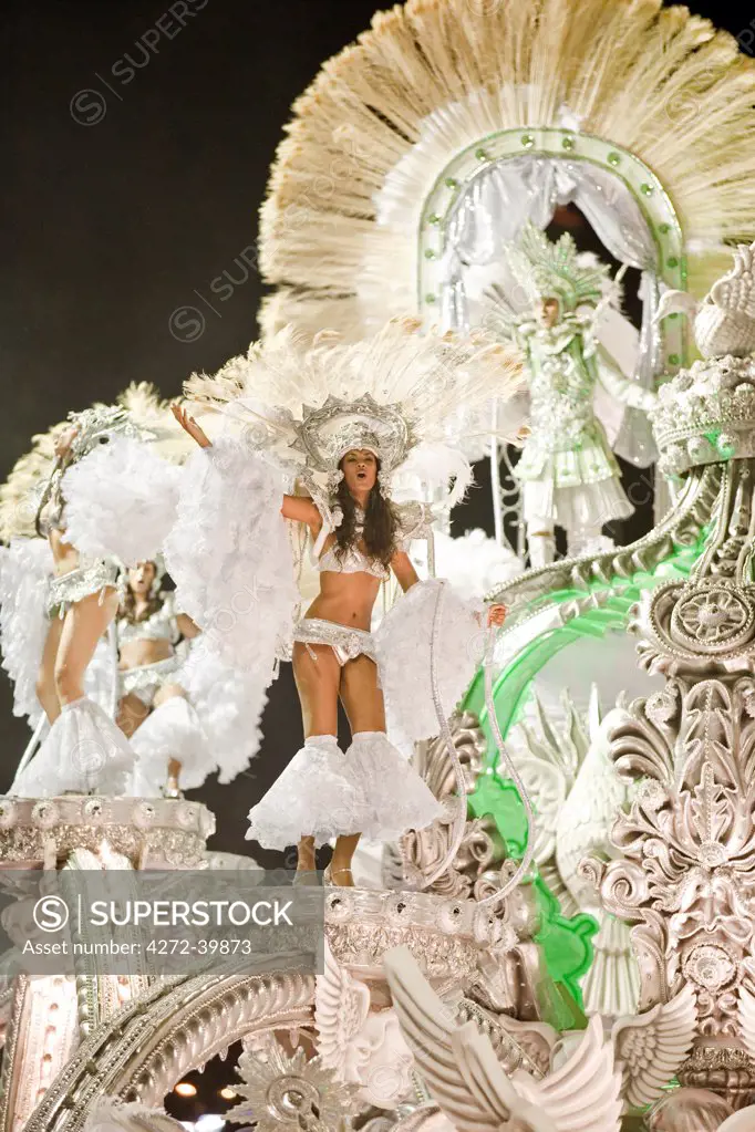 South America, Rio de Janeiro, Rio de Janeiro city, costumed dancers at carnival in the Sambadrome Marques de Sapucai