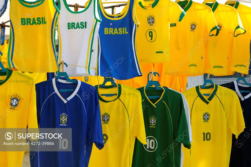 South America, Rio de Janeiro, Rio de Janeiro city, football shirts on sale outside the Maracana football stadium