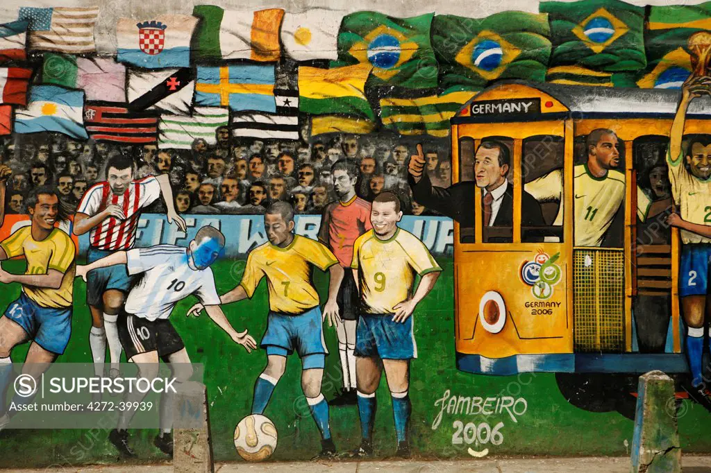 South America, Brazil, Rio de Janeiro, graffiti of a World cup mural in Santa Teresa