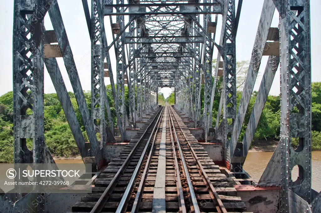 South America, Brazil, Mato Grosso do Sul, 1930s British girder railway bridge over the Rio Miranda, serving the Pantanal train