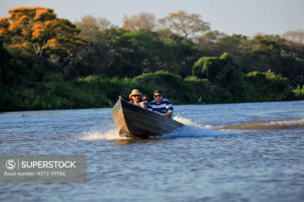 South America, Brazil, Mato Grosso do Sul, Boat on the Rio Miranda in the Pantanal