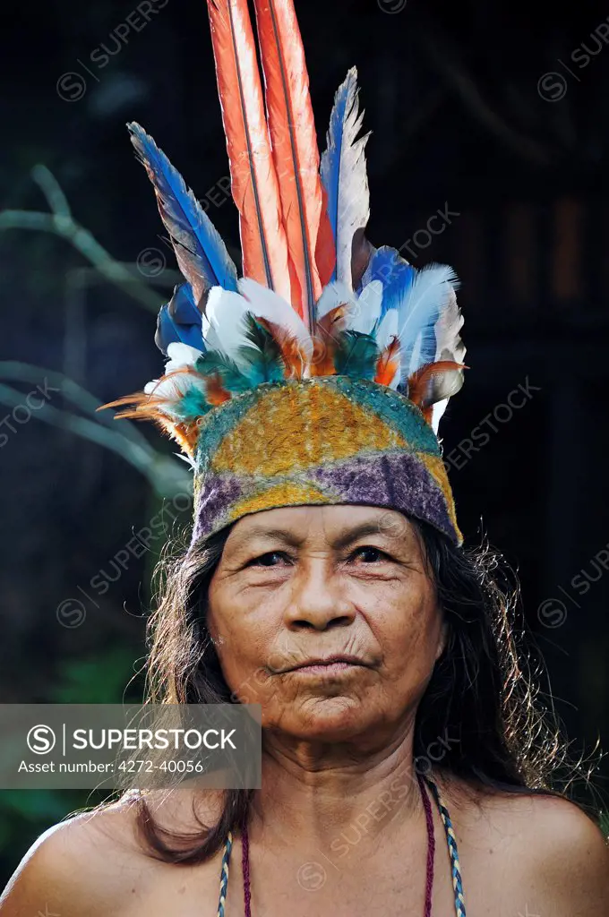 Indian woman with head dress, Ticuna Indian Village of Macedonia, Amazon River, near Puerto Narino, Colombia