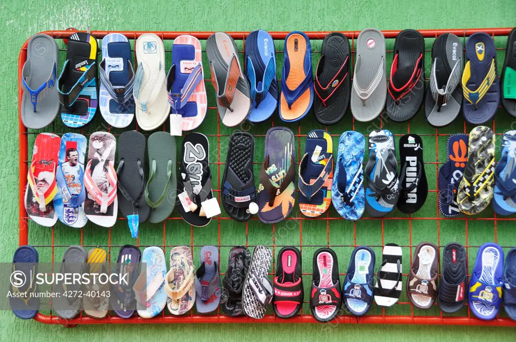 Flip flops for sale at a Indian market in Silvia, Guambiano Indians, Colombia, South America