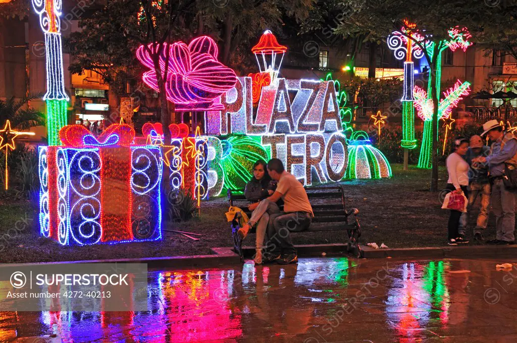 Plaza Botero at night, Medellin, Colombia, South America