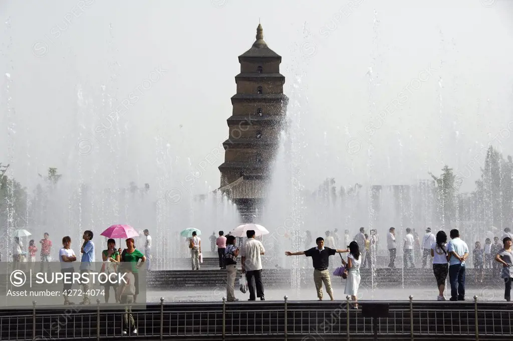 Water show at the Big Goose Pagoda Park, built in 652 by Emperor Gaozong, Xian City, Shaanxi Province, China