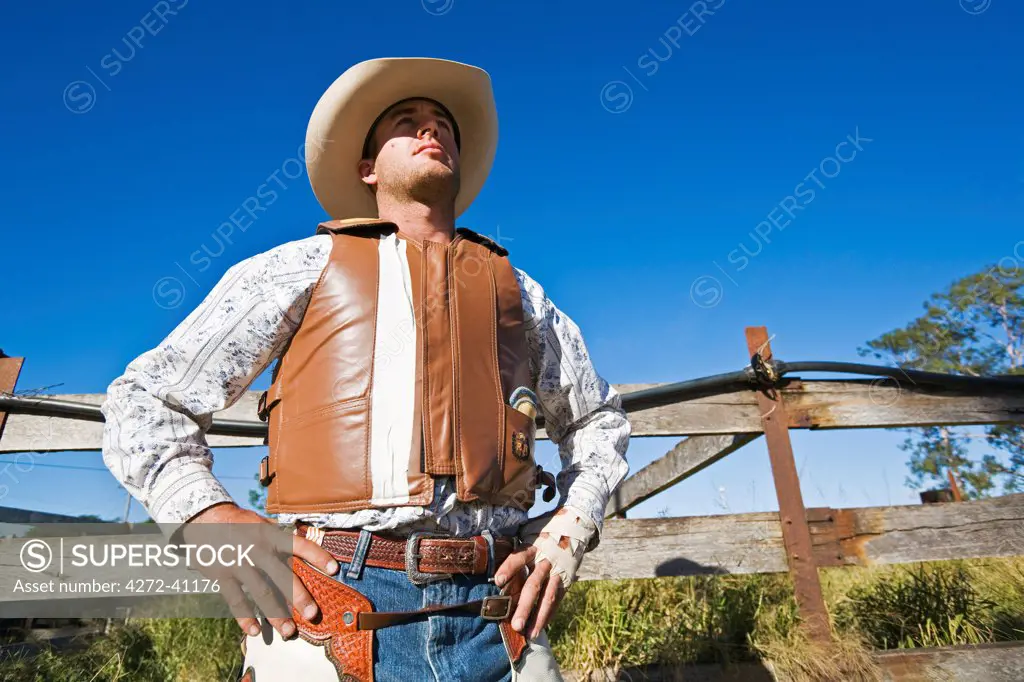 Australia, Queensland, Mt Garnet.  Portrait of a rodeo cowboy.