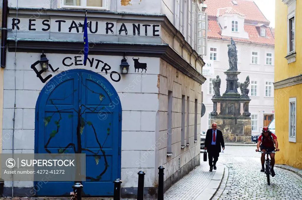 Europe, Czech Republic, Prague, blue door on El Cento Restaurant