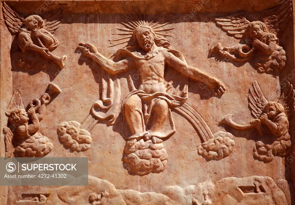 Czech Republic, South Moravia, Lednice, Detail of sculpture on the Lednice Castle facade. UNESCO