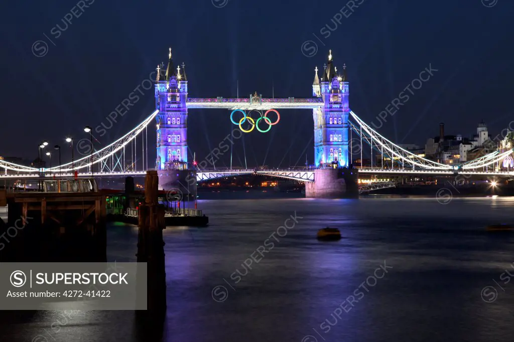 Londons famous Tower Bridge with the Olympic Rings at dusk.