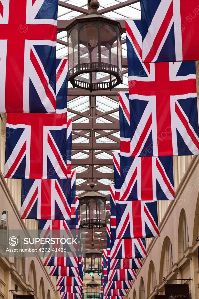 England, London, Covent Garden.  The covered market decorated with Union Jack flags, celebrating HM The Queens Diamond Jubilee.