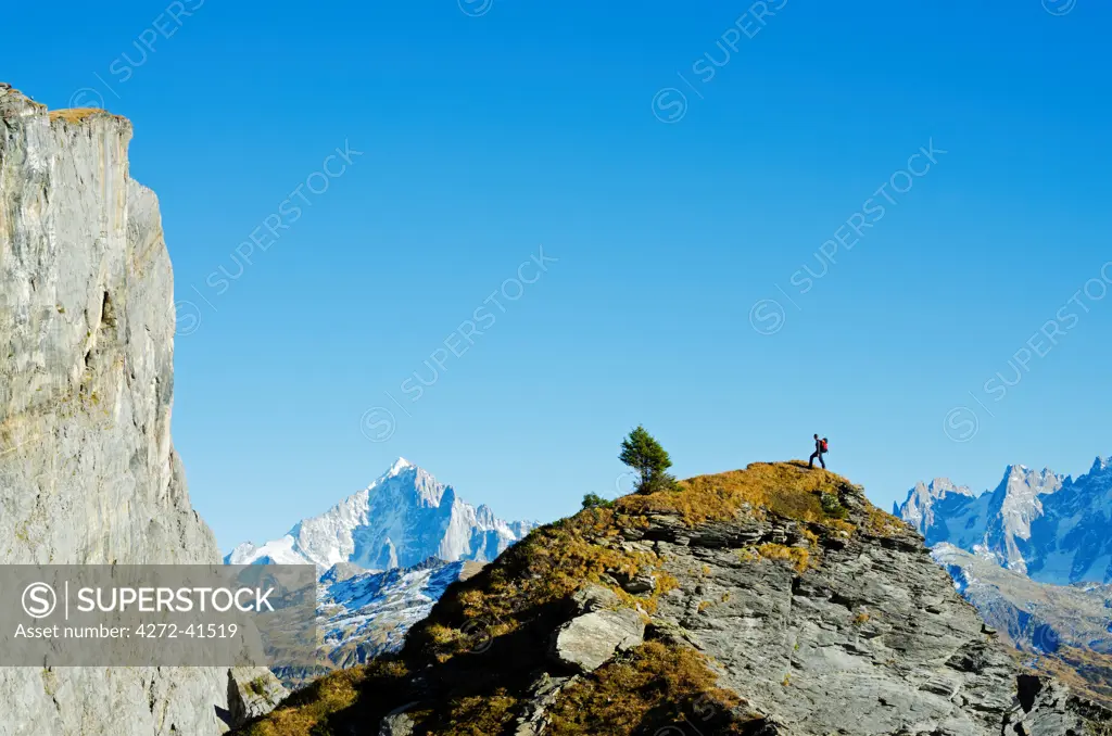 Europe, France, French Alps, Haute Savoie, Chamonix, hiker with Aiguille Verte in the background MR