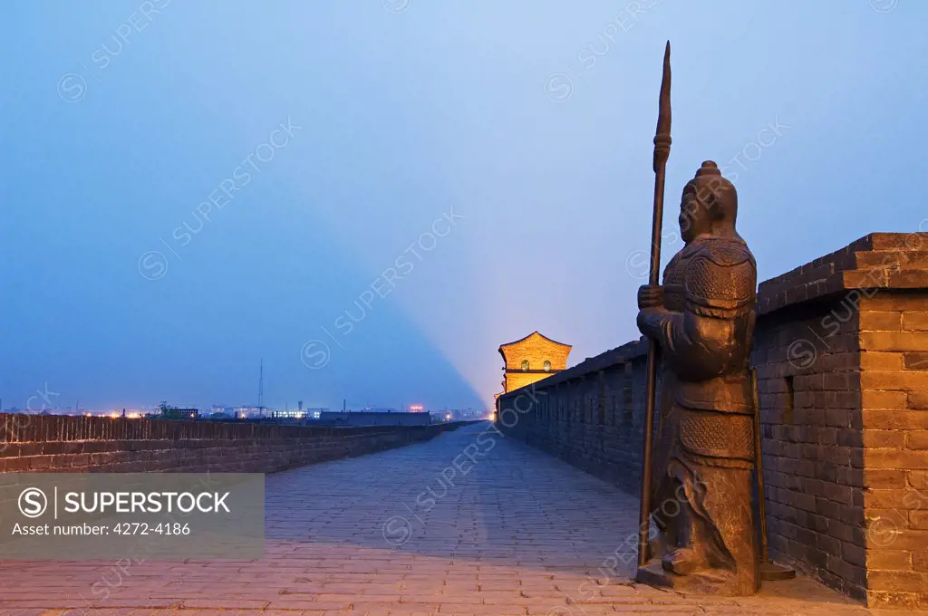 Ornamental guard on the last remaining intact Ming Dynasty city wall in China, Pingyao City, Shanxi Province, China