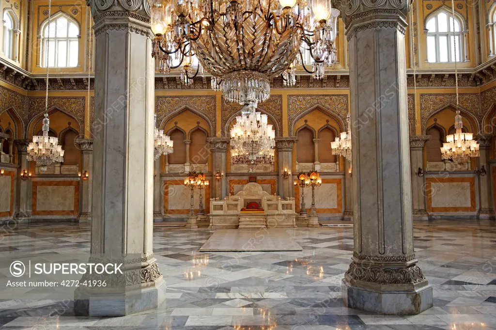 India, Andhra Pradesh, Hyderabad. Nineteen chandeliers hang in the Durbar Hall, or Khilwat, of the restored Chowmahalla Palace which is now open to the public as a museum.