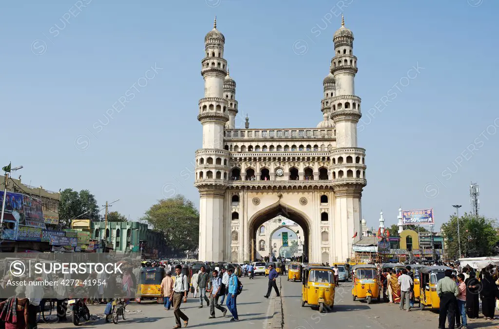 India, Andhra Pradesh, Hyderabad. The Charminar, or four minars, is no longer a mosque but remains one of Indias best known buildings.