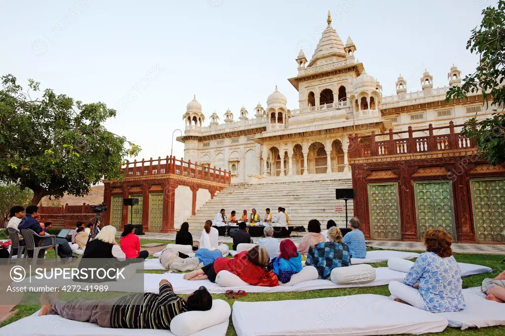 India, Rajasthan, Jodhpur. Musicians at the Rajasthan International Folk Festival,  perform in front of the Jaswant Thada, a memorial to Maharaja Jaswant Singh II.