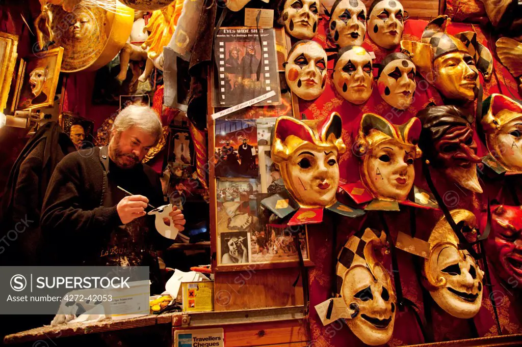 Venice, Veneto, Italy, A mask makers bottega, with Sergio one of the owners and artists of the Bottega dei Mascareri who have made masks for important Hollywood film productions.