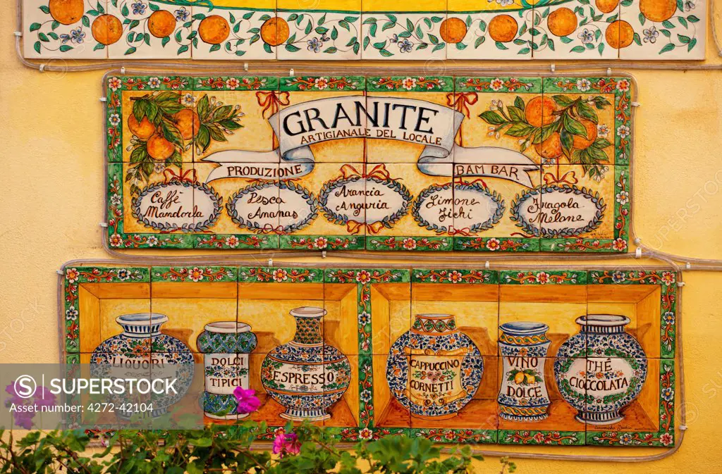 Taormina, Sicily, Italy, Painted tiles advertising granita, the typical sicilian refreshing ice frozen desert