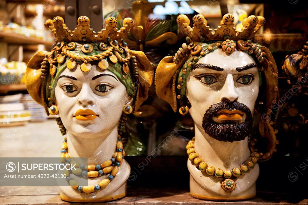 Taormina, Sicily, Italy, Majolica pottery heads taken from mythology
