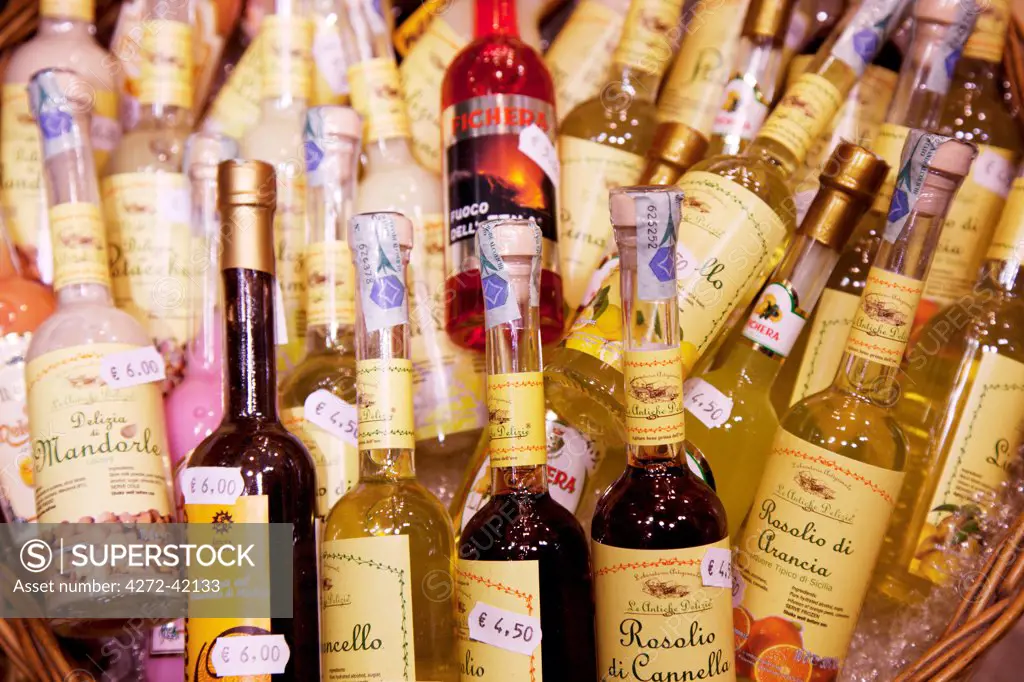 Taormina, Sicily, Italy, Bottles of typical Sicilian liquer on display
