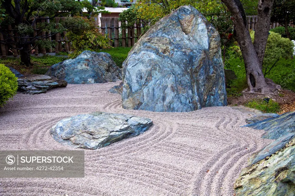 Zen Garden at Japanese Gardens in Larvotto, Principality of Monaco, Europe